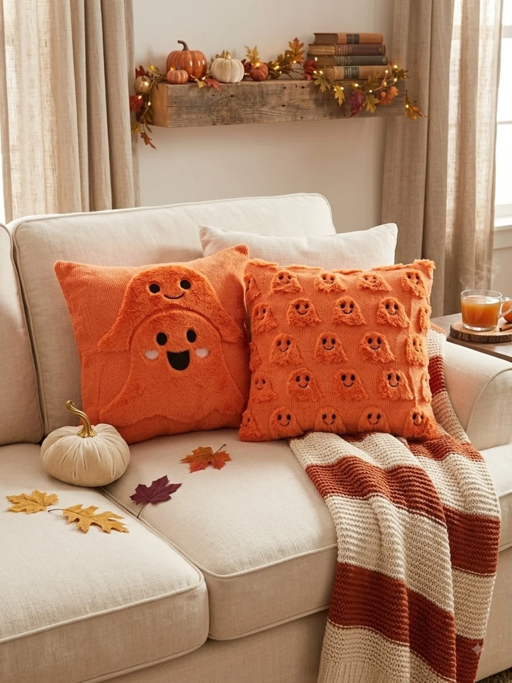 Orange Halloween Plush Decorative Pillow Covers Ghost Design
